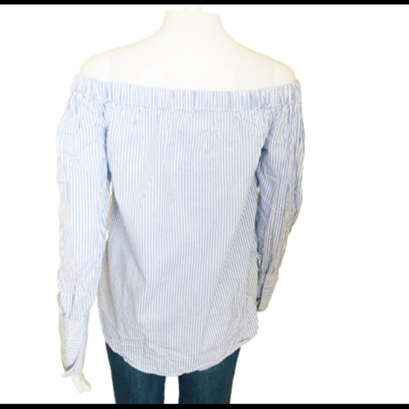 JAPNA Pinstripe Off Shoulder Blouse W Rose Decal & Faux Button Detail Blouse S - Picture 3 of 5